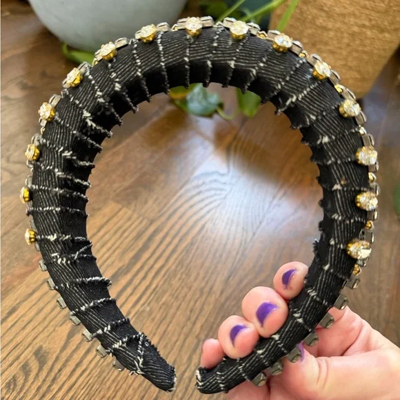 Black Jeweled Padded Headband with Clear and Gold Crystals - Picture 2 of 4